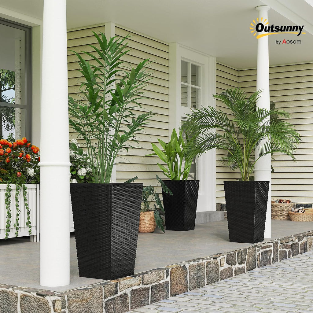 24 in Taper Tall Planters for Outdoor Plants Set of 3, Black | with Drainage Holes, Rattan Decor Plant Pots, Indoor