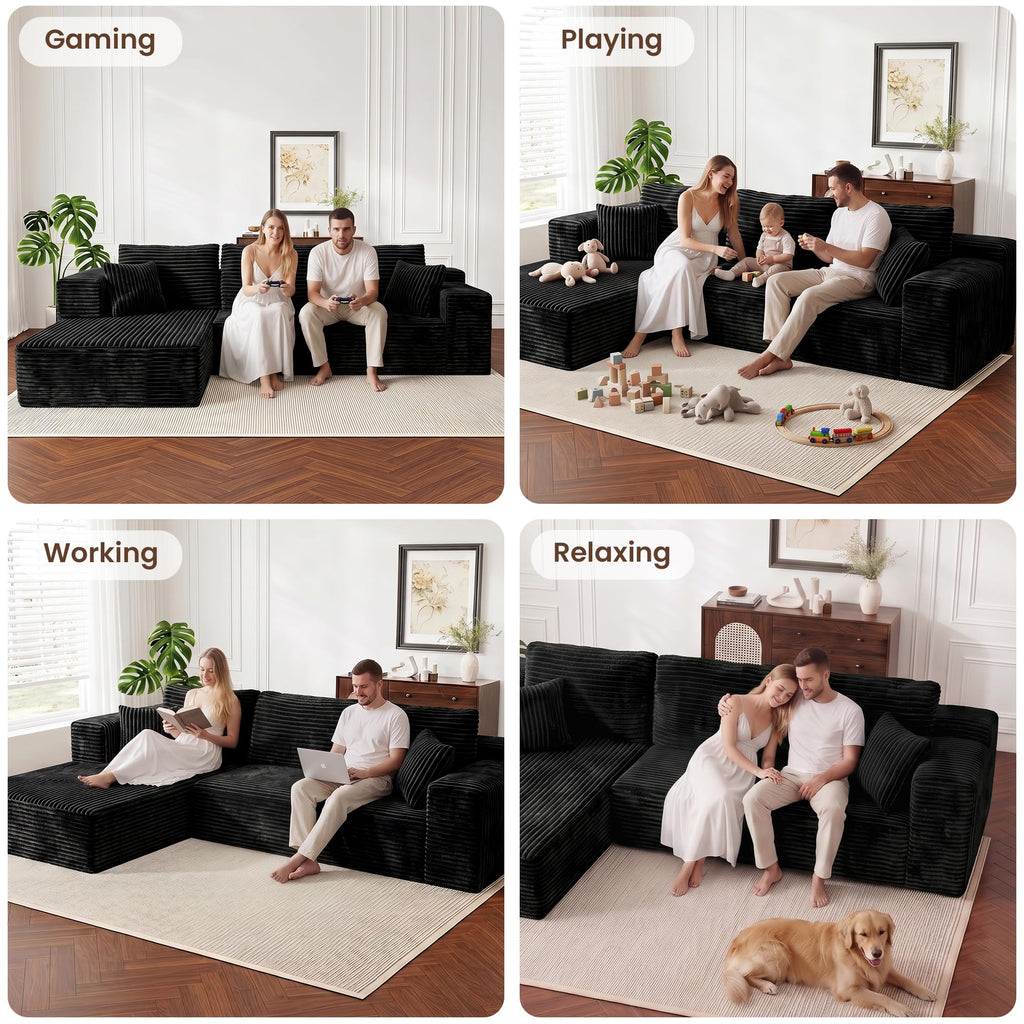 108" L Shaped Boneless Couches, Comfy Modular Deep Seat Compressed Corduroy Sofa, Side Pocket Black, Left Facing