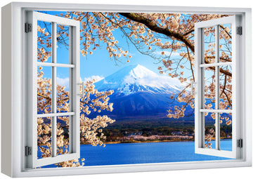 Canvas Print Wall Art Window View Japanese Sakura Cherry Blossom Mt. Fuji Wilderness Nature Photography Realism