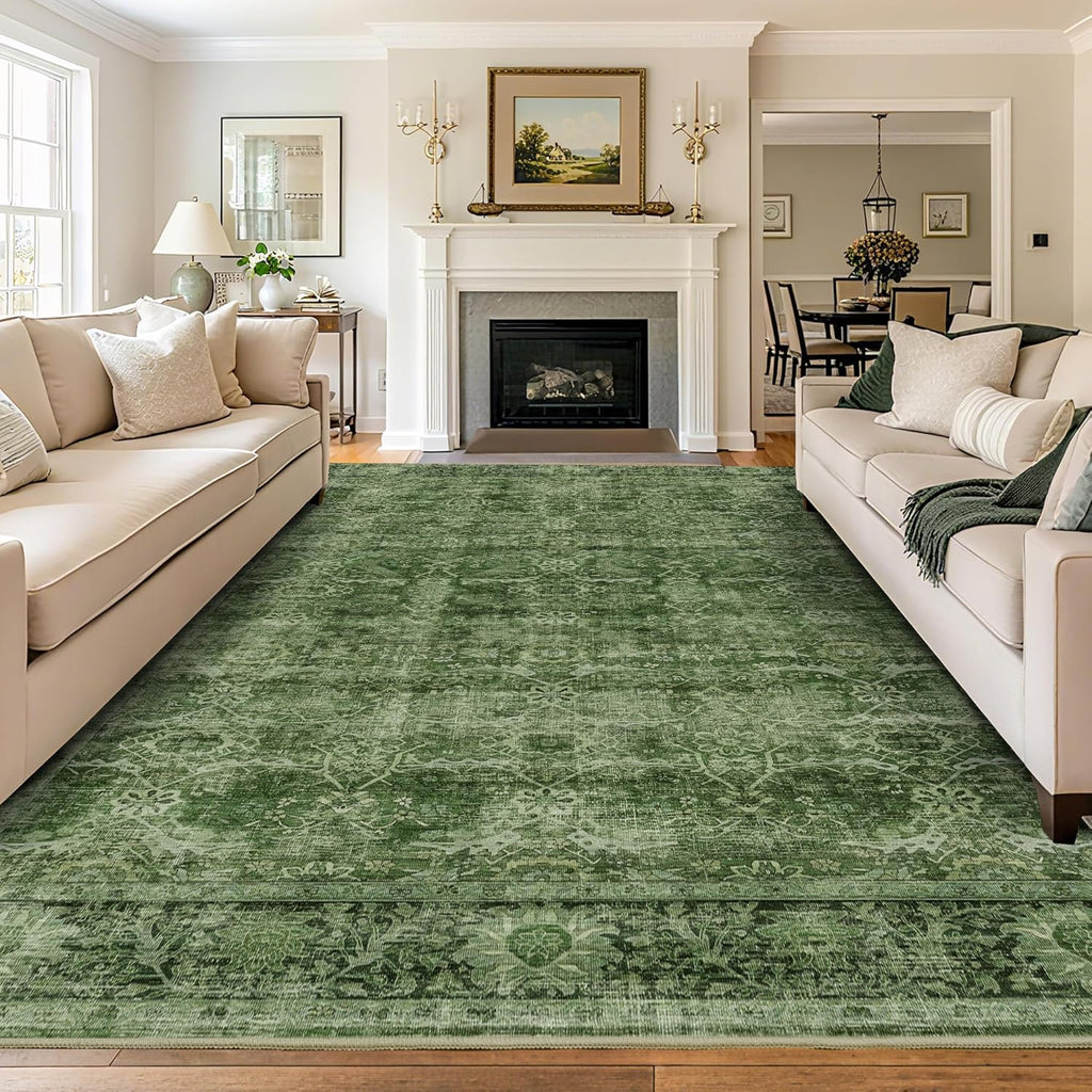 8x10 Washable Vintage Green Area Rug, Low Pile Non-Slip Carpet for Living Room Bedroom