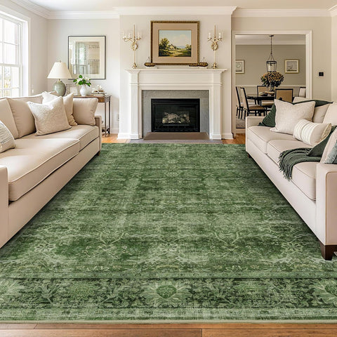 8x10 Washable Vintage Green Area Rug, Low Pile Non-Slip Carpet for Living Room Bedroom