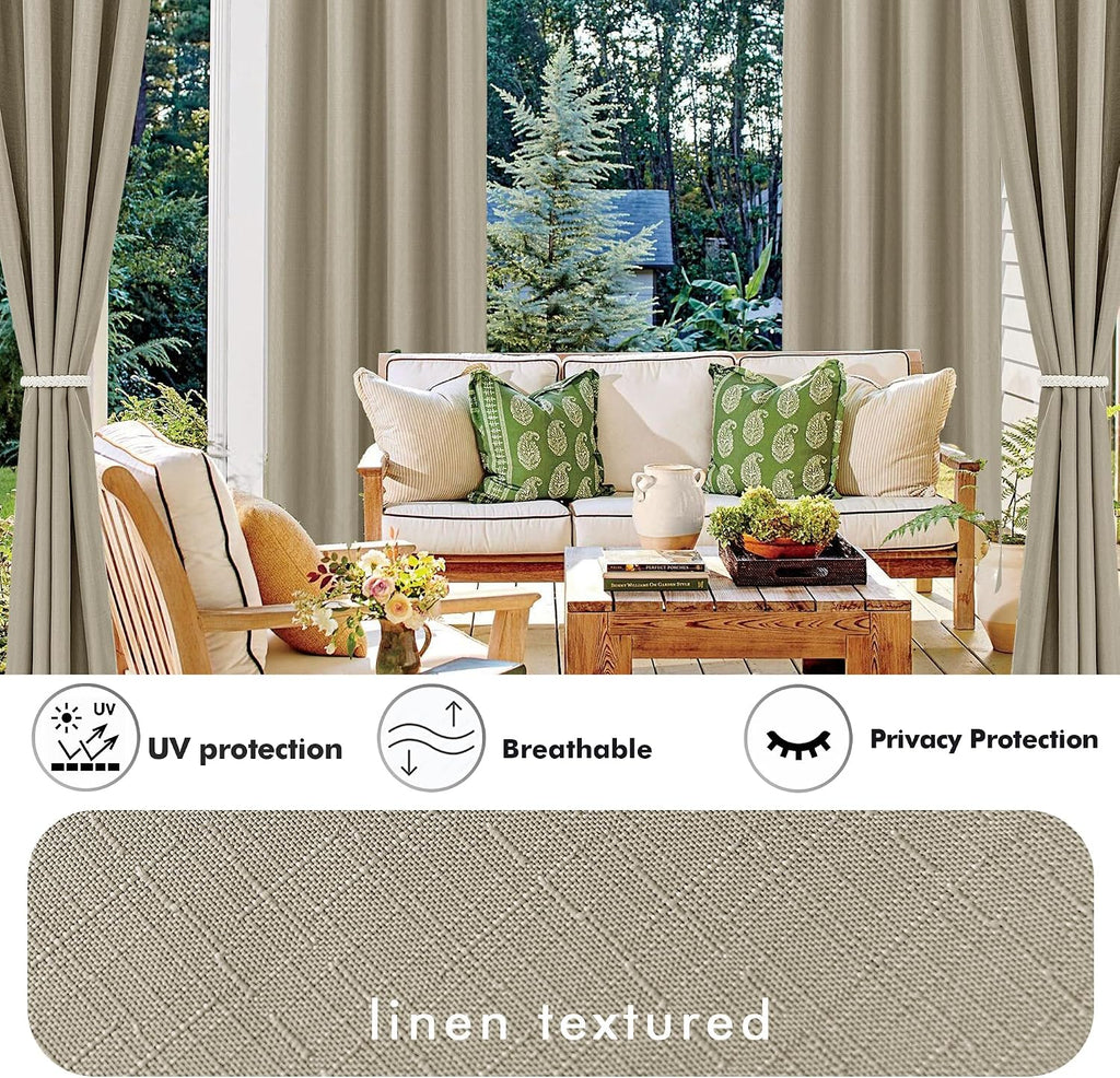 Linen Outdoor Curtains Waterproof 4 Pcs 54x108 In Taupe | Light Filtering, Grommet Top, Outdoor Dining Dividers