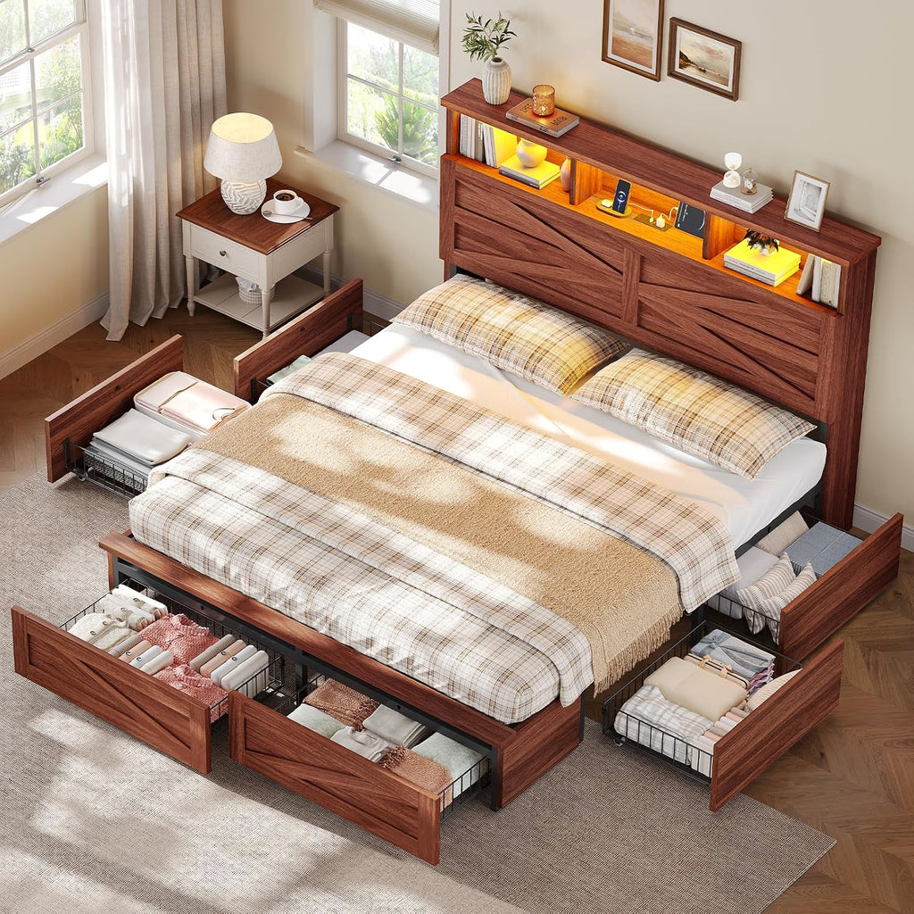 Full Bed Frame with 6 Drawers, Farmhouse Bed Frame with Barn Door Headboard and Storage, Wood Platform Bed Frame Full