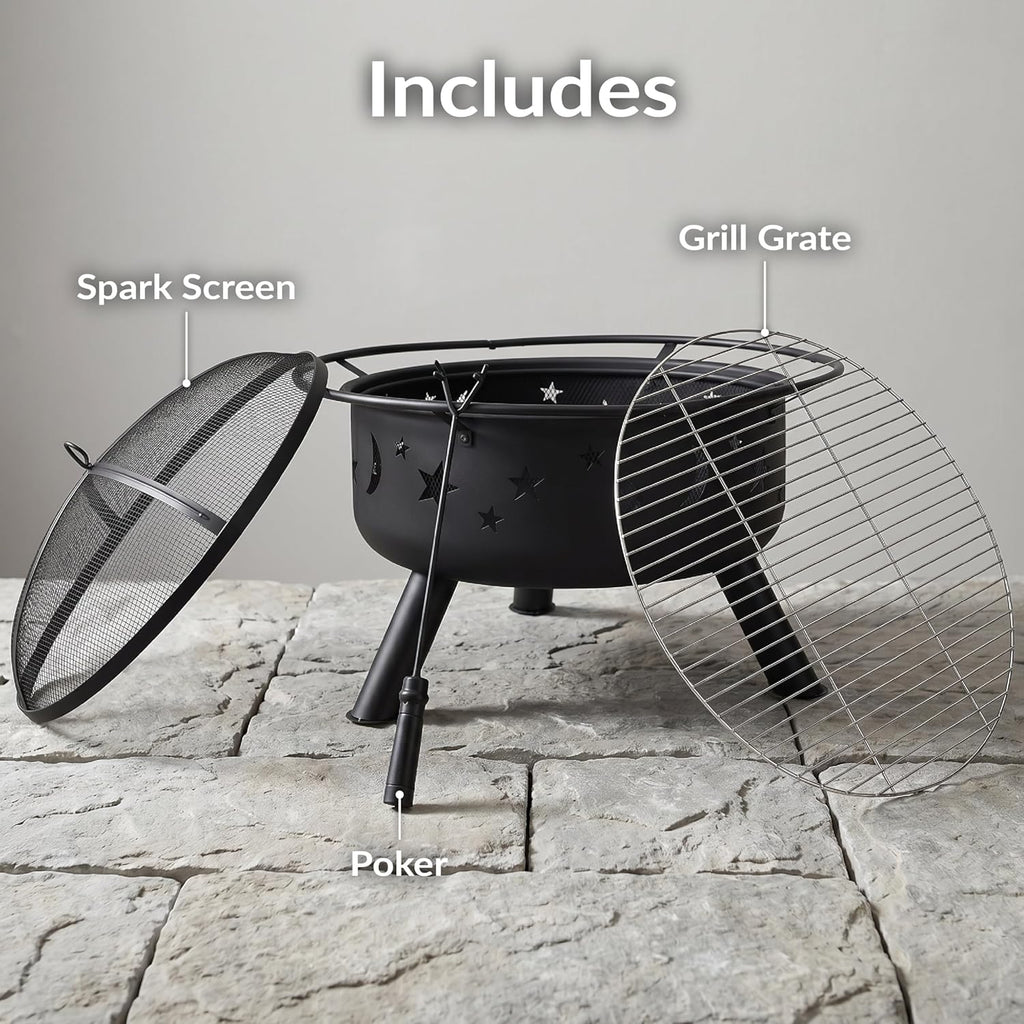 Cosmic 30-Inch Outdoor Fire Pit with Grill Grate, Spark Screen, and Fireplace Poker