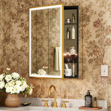 24x32 Premium Gold Framed Medicine Cabinet with Lights, 3-Color/Dimmable, Anti-Fog, Aluminum, Plug-in & Hardwired