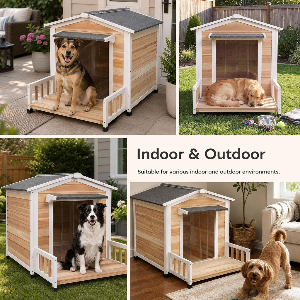 Large Dog House Outdoor Elevated Wooden Dog Kennel with Porch White 43"