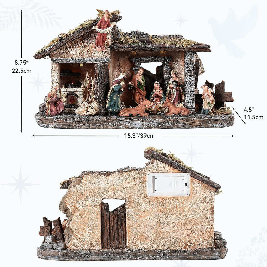 Nativity Scene Set with LED Lights,15.3" Resin Holy Family Character Stables Sculpture Manger Figurine for Indoor