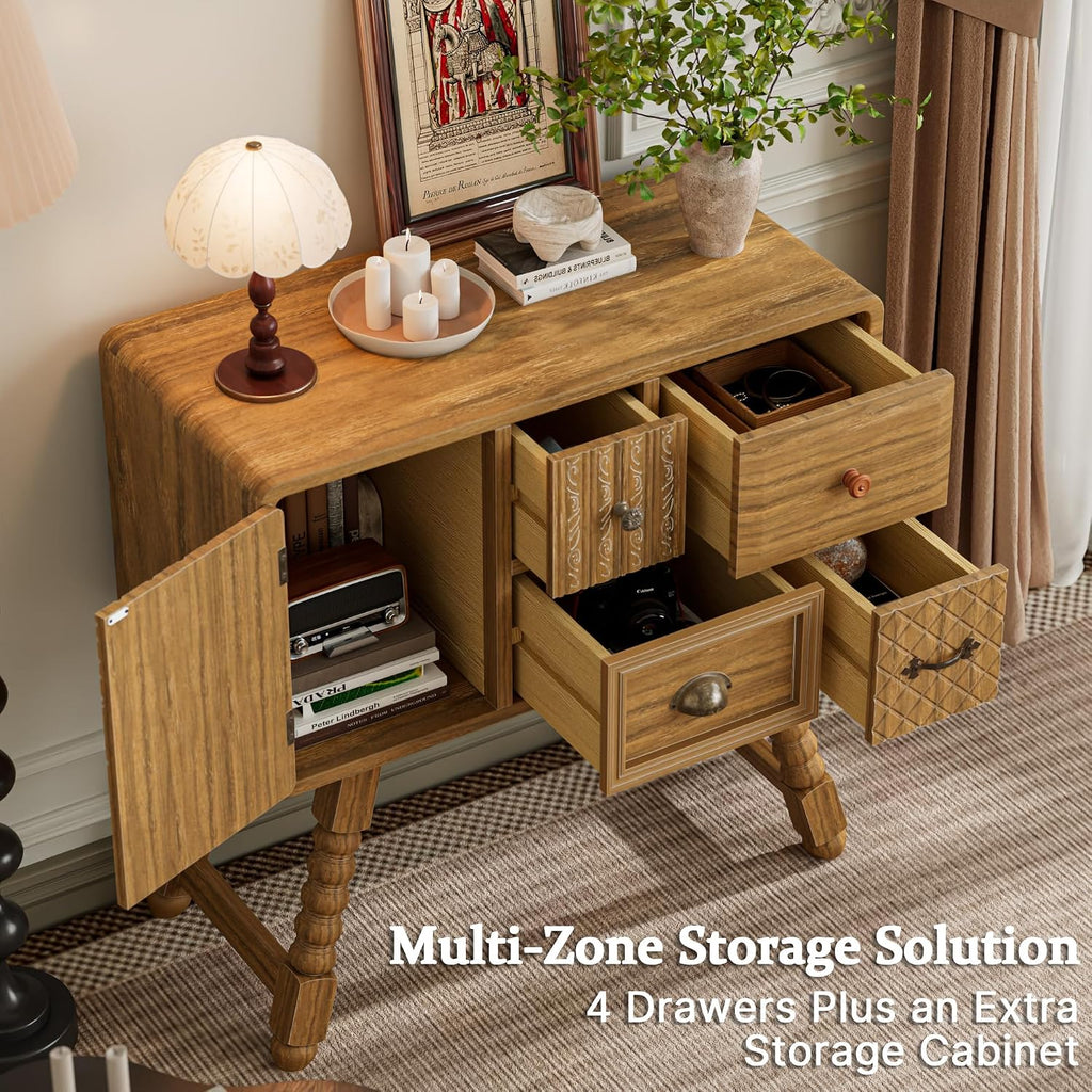 Boho Accent Cabinet with 4 Drawers and Door, Full Assembled Vintage Storage Chest, Hand-Carved Decorative Cabinet