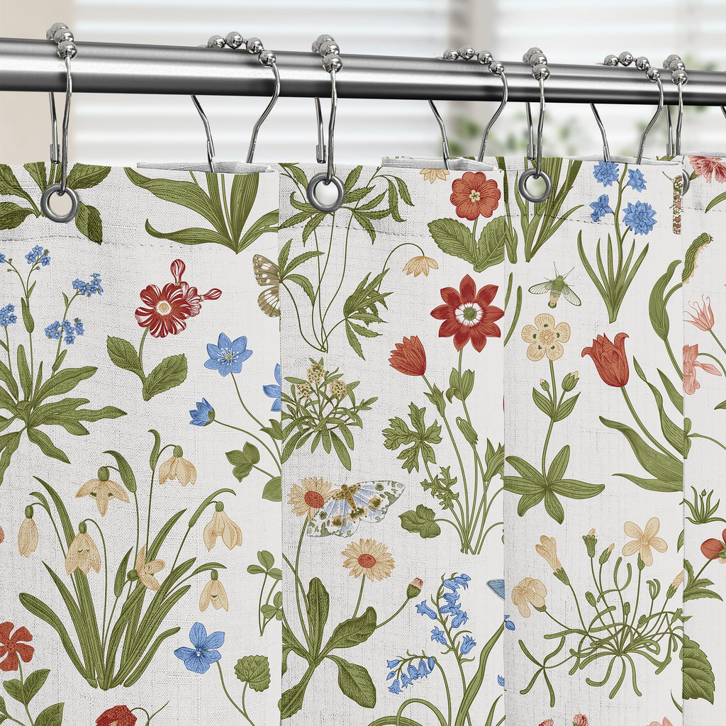 Boho Rustic Floral White 140 GSM Faux Linen, Vintage Morris Abstract Green Leaves Plant with Wildflowers Bathroom