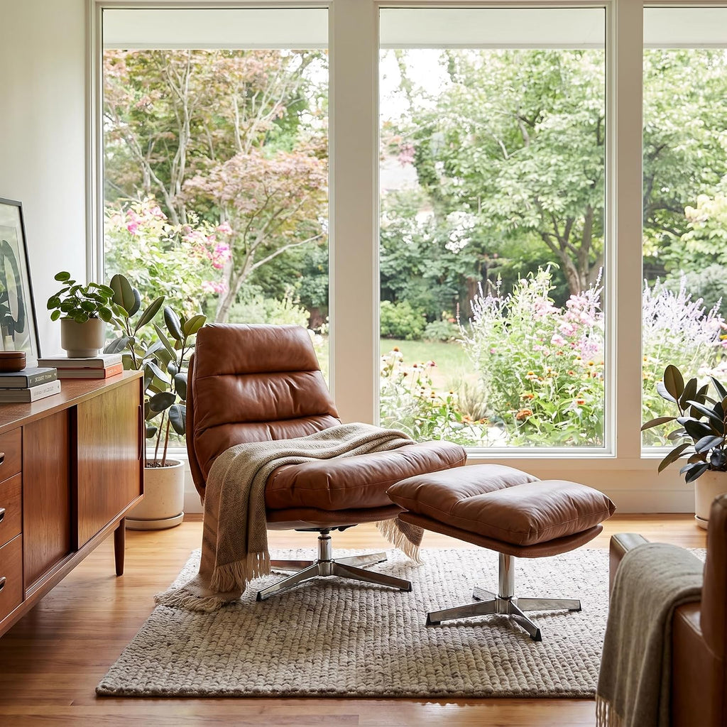 Brown Swivel Lounge Chair with Ottoman Modern PU Leather Accent Chair with Footrest 33'' Wide Oversized Armless