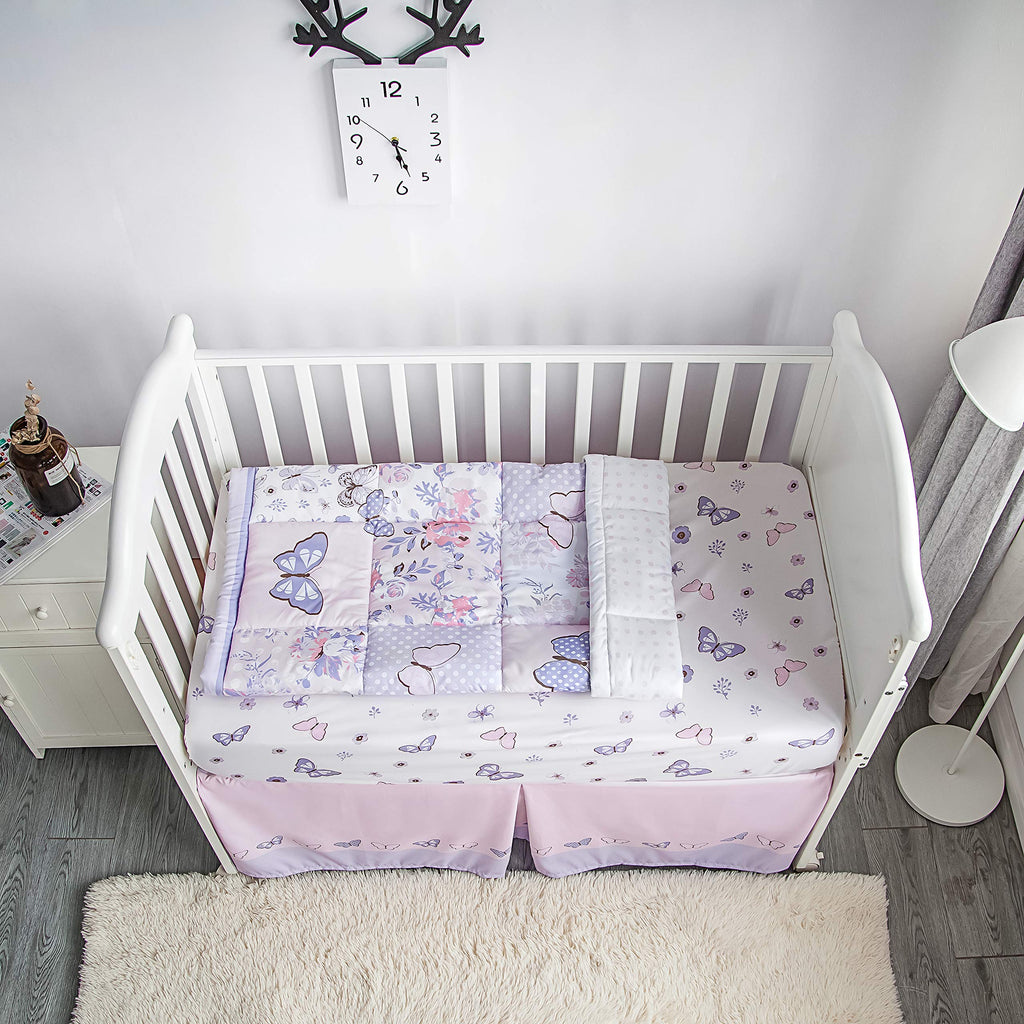 3-Piece Purple Butterfly Baby Crib Bedding Set for Girls, Lilac Standard Size Crib Set for Baby Girl, Comforter