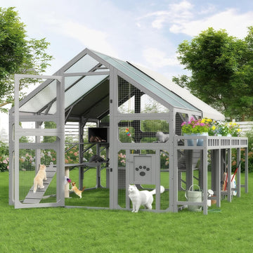 Extra Large Catio Outdoor Cat Enclosure, Freestanding Walk-in Wooden Cat House with Planter Stand, Hanging Bridge