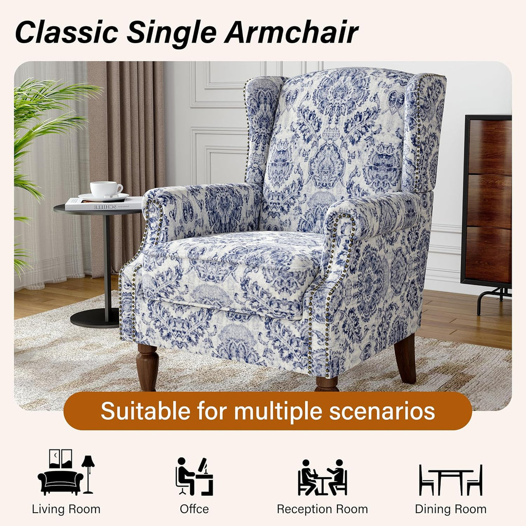 Wingback Accent Chairs Set of 2, High Back Armchair , Navy | Ergonomic Design | Linen Fabric | High-Resilient Foam