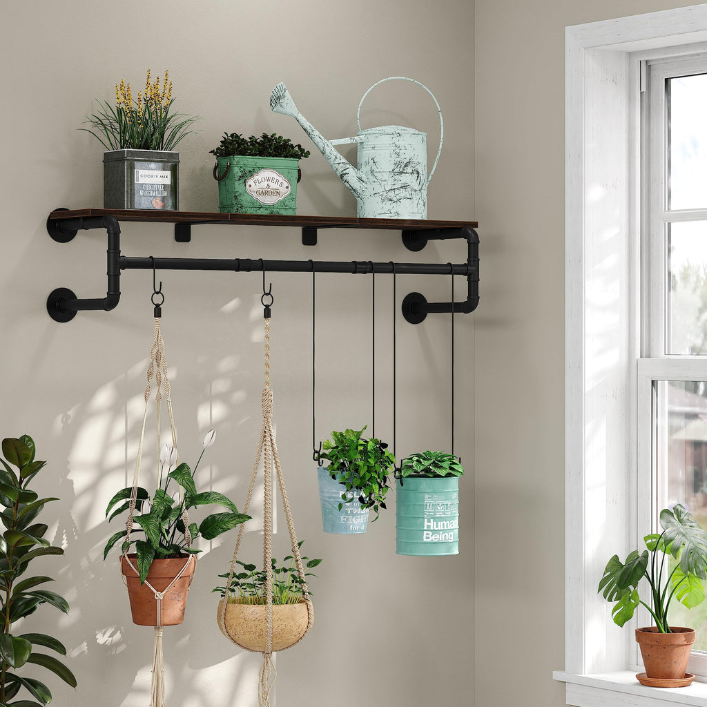 Industrial Pipe Clothes Rack with Top Shelf and 3 Hooks, 41''L Wall Mounted Garment Rack, Heavy Duty Iron Garment