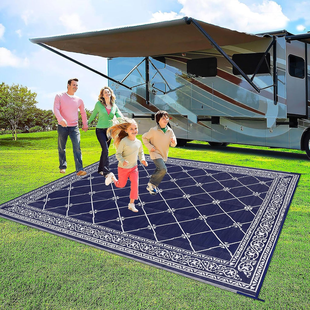 Outdoor Rug 8'x10' s, Waterproof Trellis Blue & White Outside Mat for Front Porch,Beach, Reversible Plastic Straw