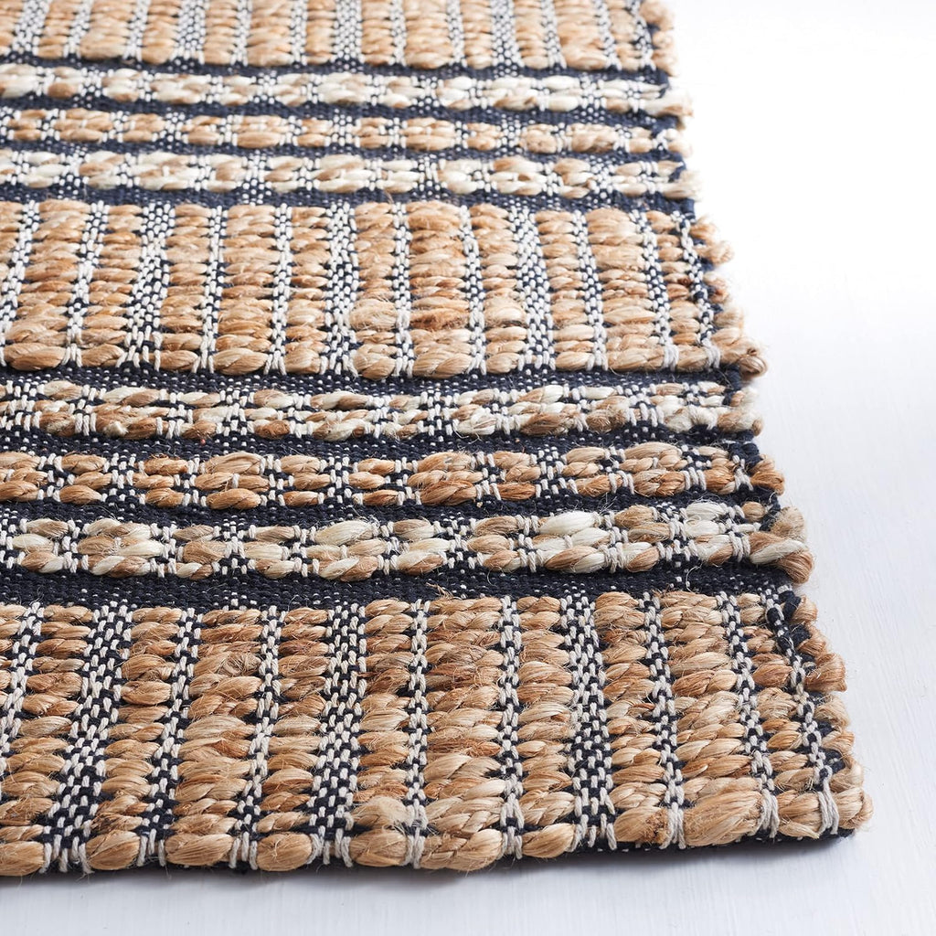 Natural Fiber Collection Area Rug - 6'6" Square, Navy & Natural, Handmade Flat Weave Stripe Jute & Cotton Jute, Ideal