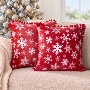 Snowflake Red Decorative Throw Pillow Covers Pom Pom 18x18 Set of 2