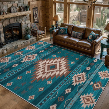Southwest Teal Rugs, Large Machine Washable Soft Non-Slip Aztec Rug, Low-Pile Non-Shedding Foldable Dining Floor