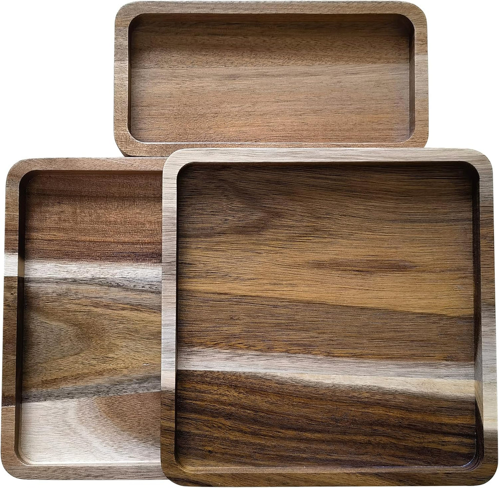 Acacia Wooden Valet Tray for Men,Natural Wood Grain EDC Tray Set Catch All for Keys Wallet Phone Glasses Watch - Set of 3