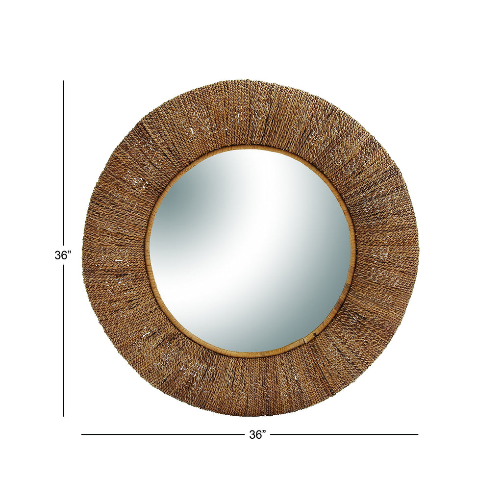 Rattan Room Wall Mirror Coiled Weaved Frame Entryway Mirror, Wall Mounted Mirror 35" x 3" x 35", Brown