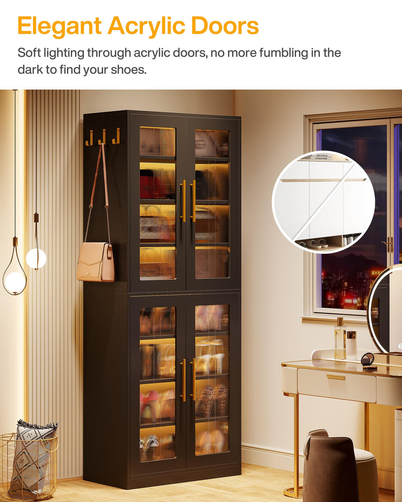 Black Shoe Storage Cabinet with Acrylic Doors and LED Lights, 8-Tier Tall Entryway Shoe Organizer Rack with