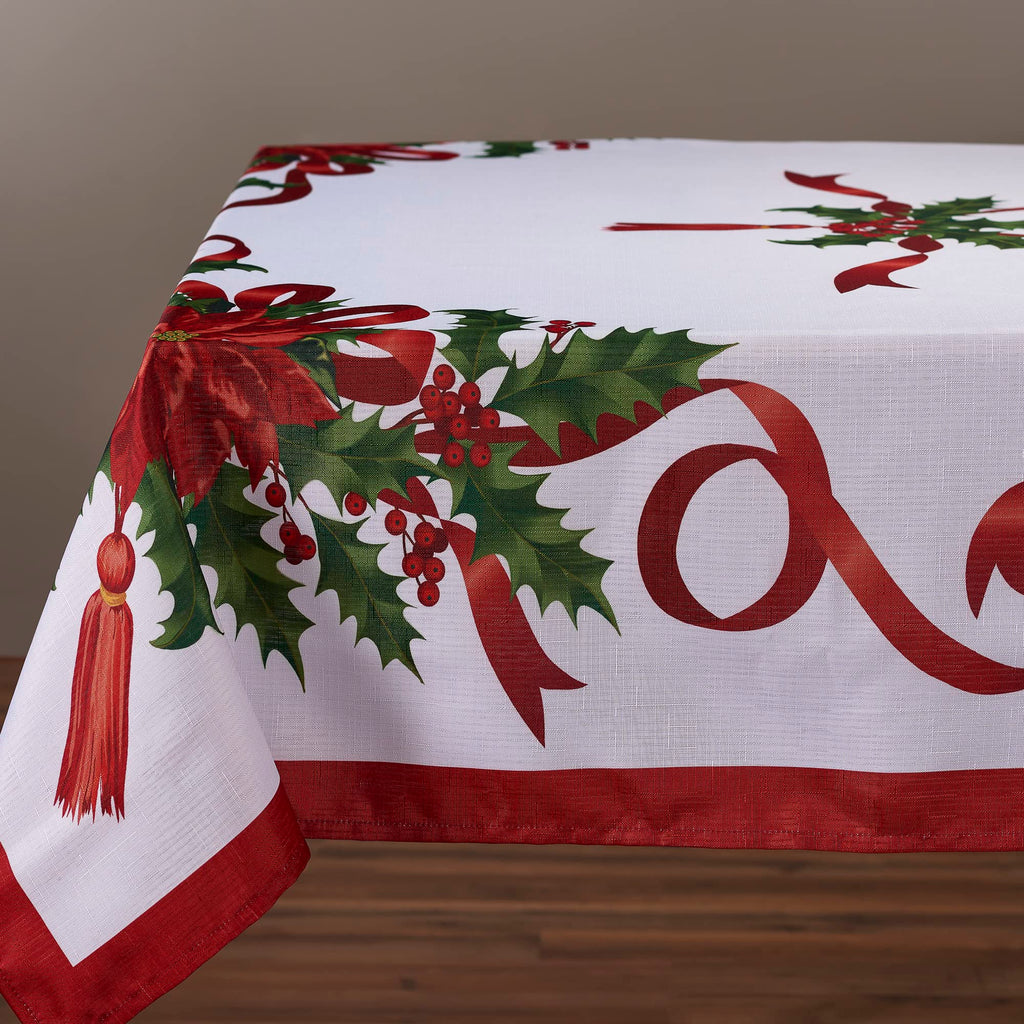 Christmas Ribbon Tablecloth (60 x 84 Inch) for 5 Foot Rectangle Tables, Heavy Duty Fabric, Stain Proof Xmas Ribbon