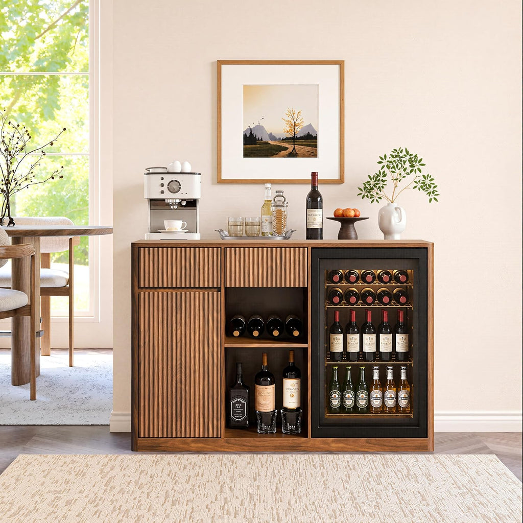 51" Coffee Bar Cabinet with Fridge Space, Fluted Mini Fridge Cabinet with Storage/Charging Station, Wine Liquor
