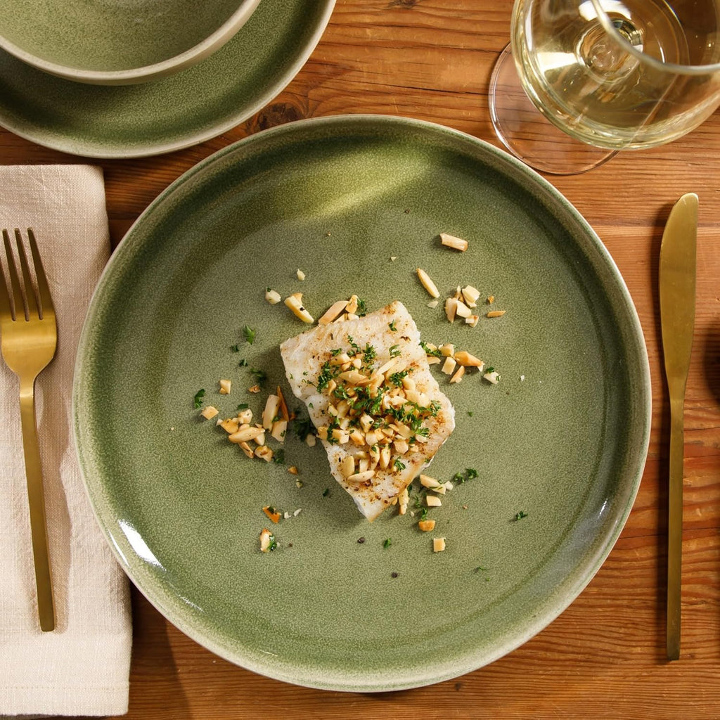 Manila Bay 12-Piece Stoneware Dinnerware Set, Service for 4, Reactive Glaze Modern Artisan Plates, Bowls & Mugs, Green