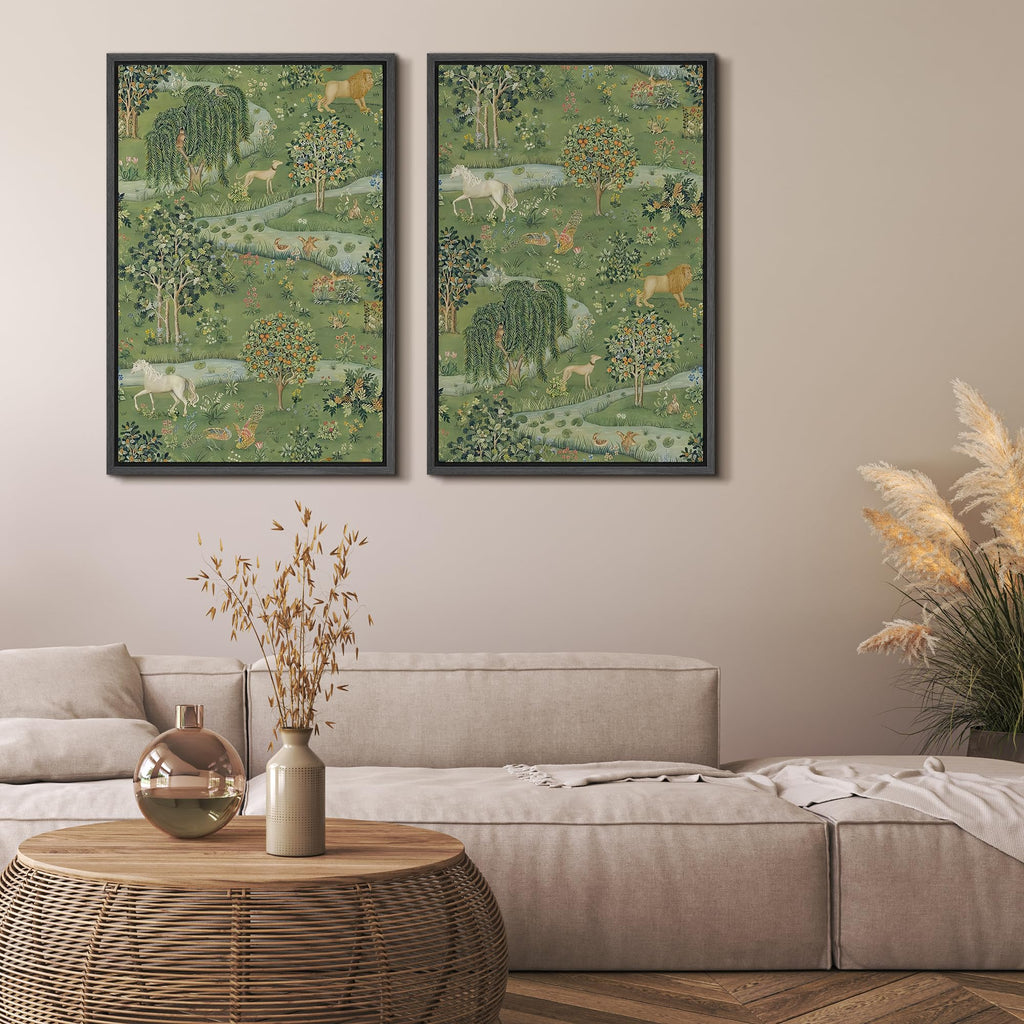 Framed Canvas Print Wall Art Set Enchanted Woodland Meadow with Lions, Unicorns, and Forest Wildlife Illustrations