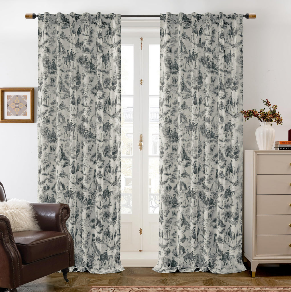 100% Blackout Curtains Toile Linen Back Tab, W52xL84, Black