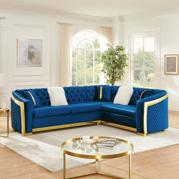 106" L-Shaped Luxury Velvet Chesterfield Sectional Sofa with Gold Stainless Steel Accents and 5 Pillows, Mid-Century