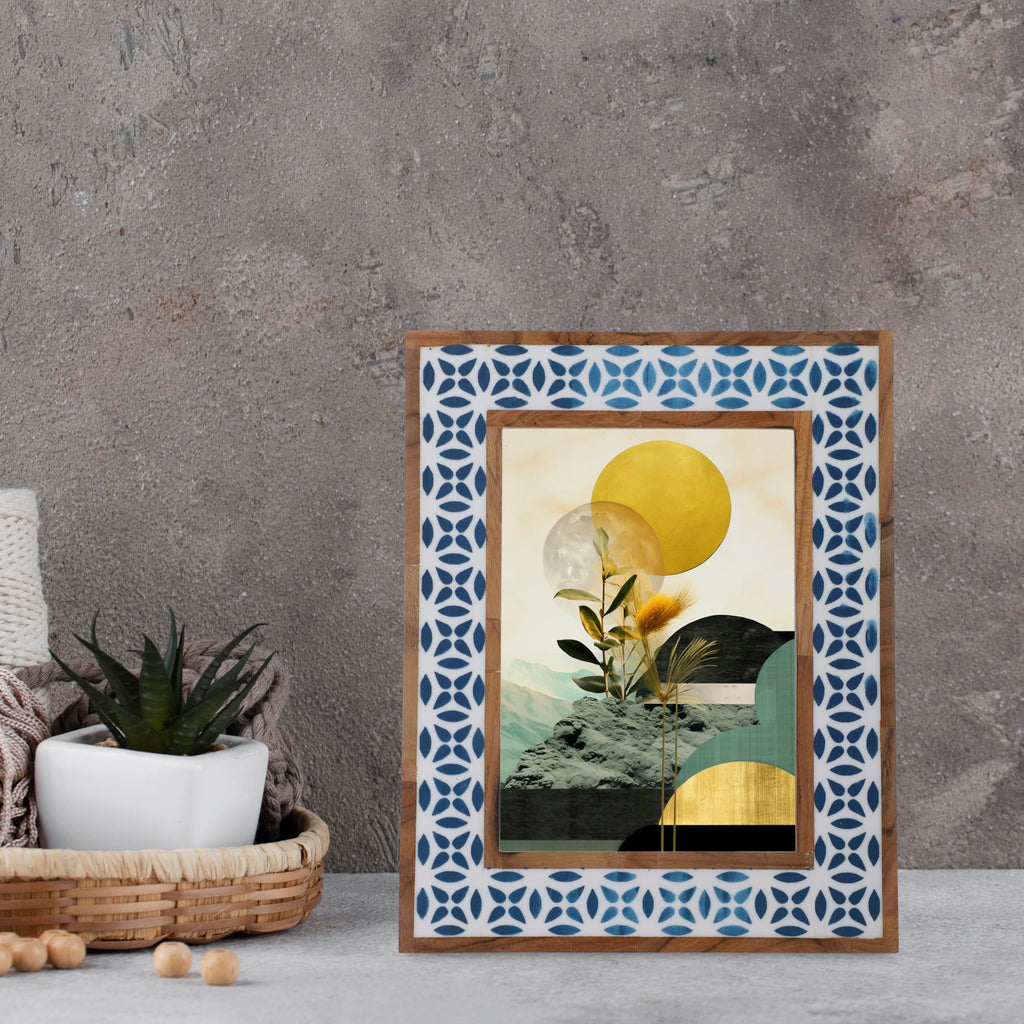 Craft Handmade White Bone Photo Frame Geometric Painting Vintage Boho Wooden Picture Frames For Table-Top/Wall Decor