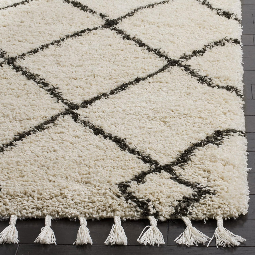 Moroccan Fringe Shag Collection Runner Rug, Cream & Charcoal, Boho Trellis, Non-Shedding & Easy Care