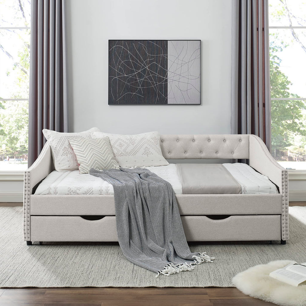 Full Size Upholstery Daybed with 2 Drawers and Headboard, Mid-Century Style Tufted Sofa Bed with Button on Back, Easy