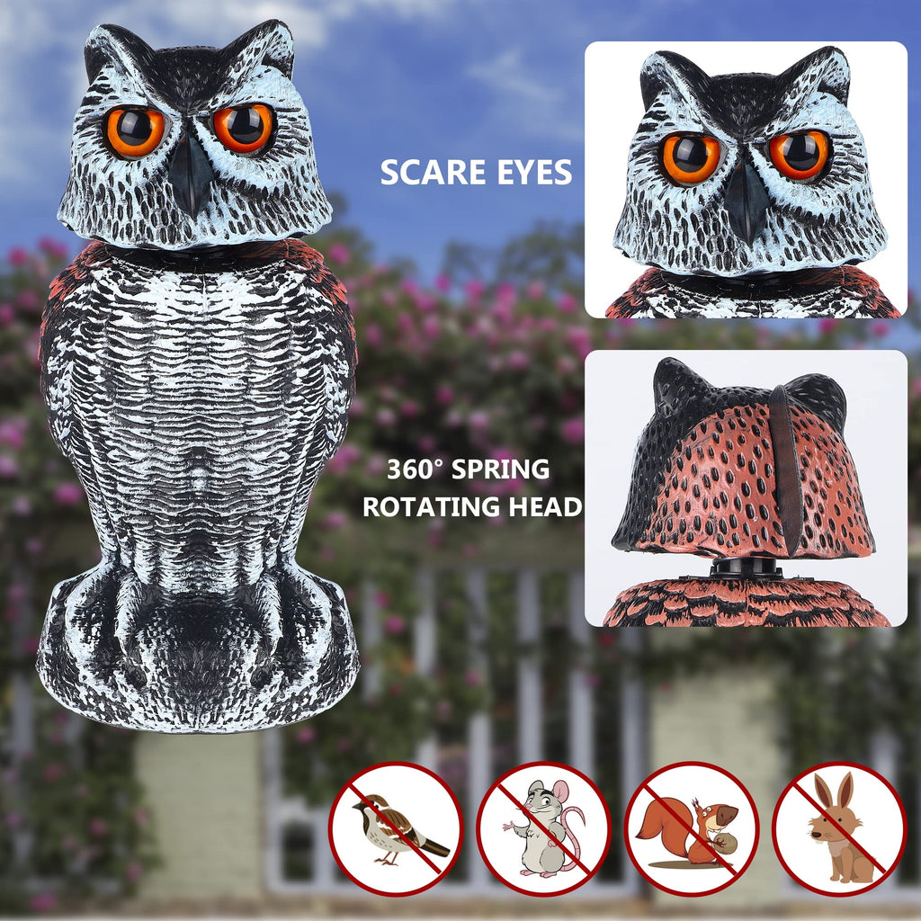2 Pack Fake Owl Decoy Bird Scarecrow Sculpture, Rotating Head Plastic Owl Bird Deterrents, Nature Enemy Horned Pest
