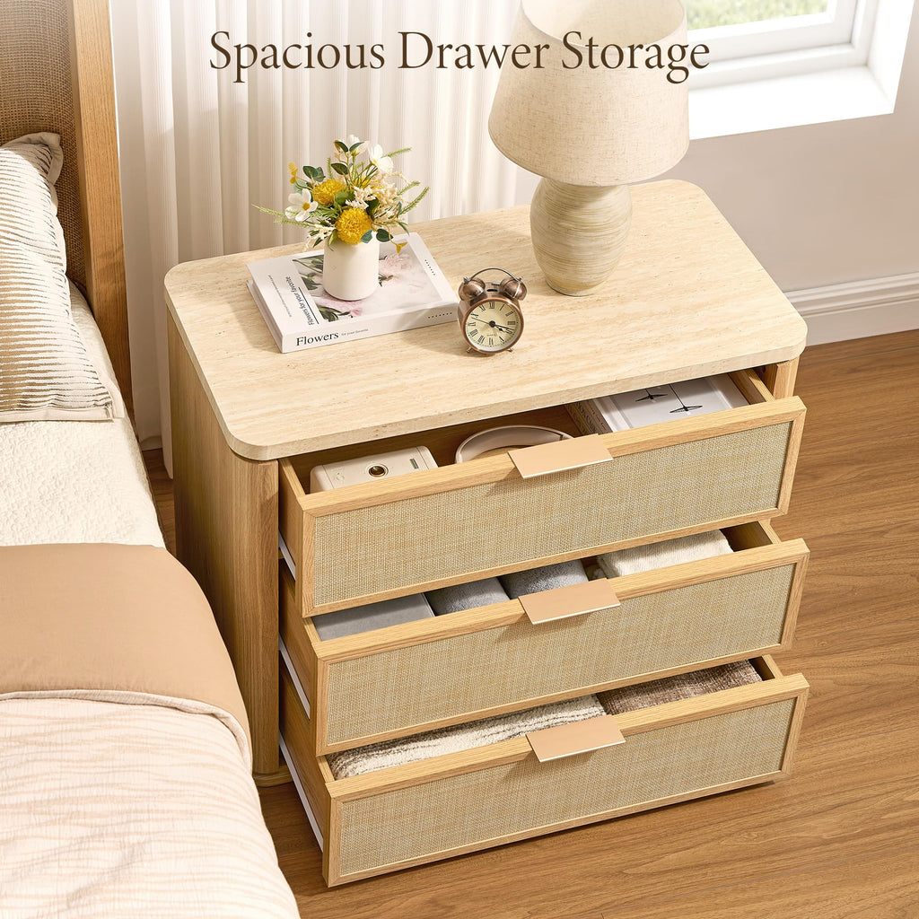 Night Stand, Rattan Nightstand with 3 Drawers