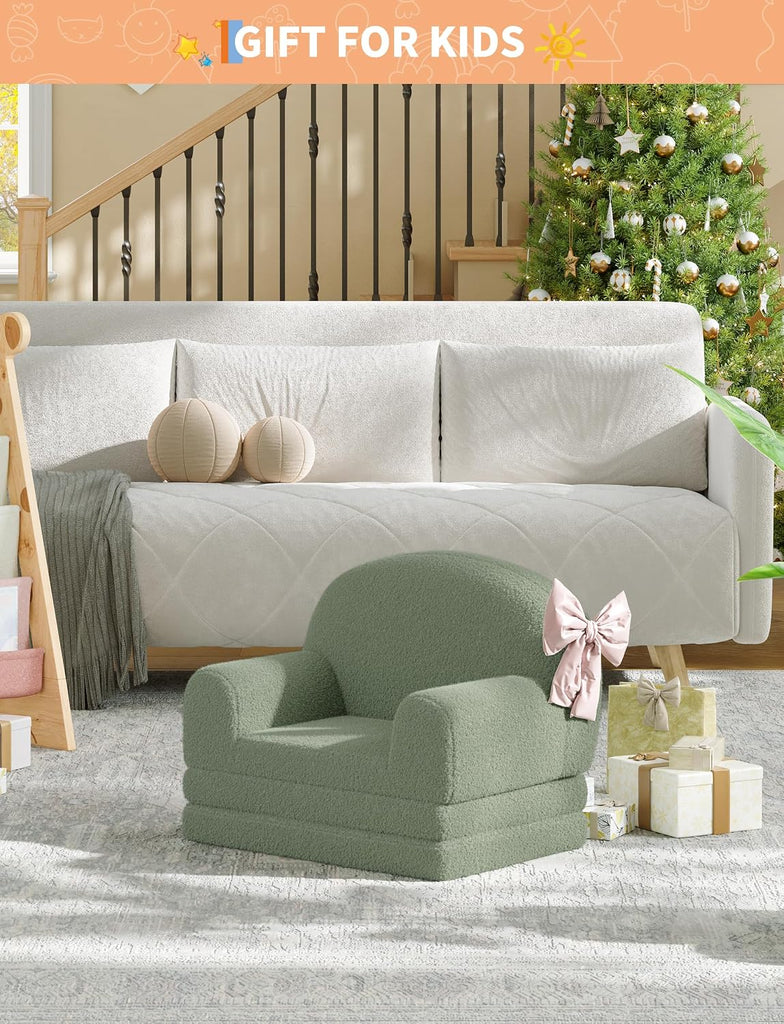 In-1 Convertible Kids Sofa Chair, Fold Out Toddler Couch for Reading and Napping, High-Density Foam Sherpa Toddler