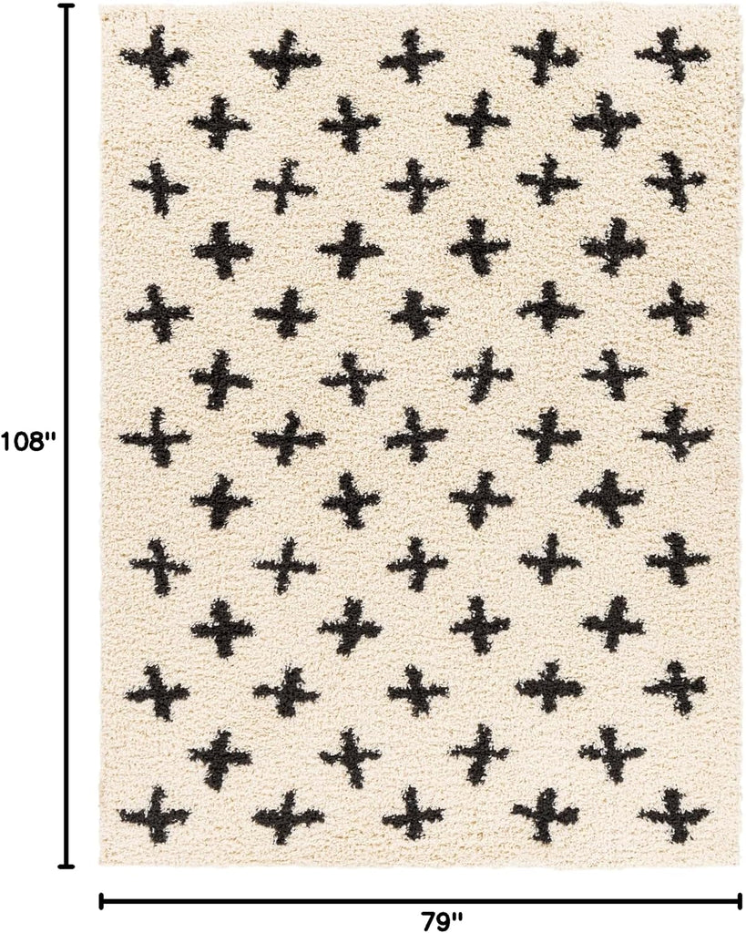 Area Rugs - Soft Mora Moroccan Boho Black Cream Shag Rug Bedroom - Large Geometric Plush Pile Stain Resistant