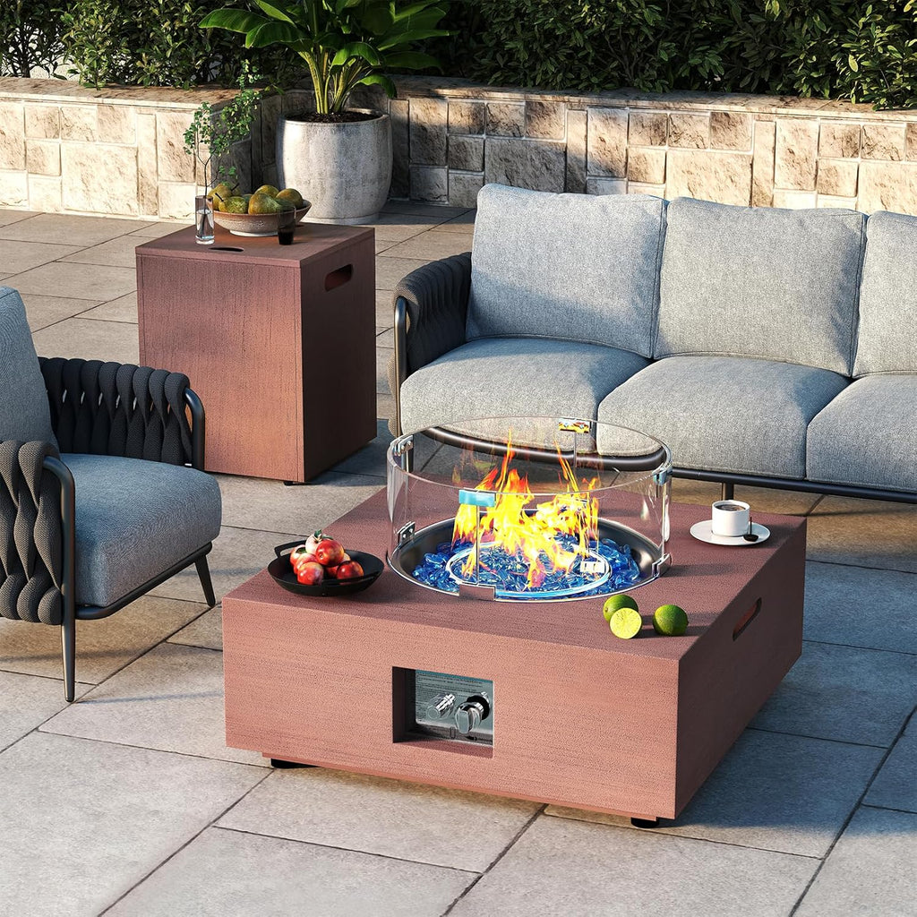 Fire Pit Table Propane Fire Pit 28 Inch 40,000 BTU 2 Piece Gas Fire Pits with Wind Guard Tank Table Glass Rocks Protective Cover, CSA Certified, for