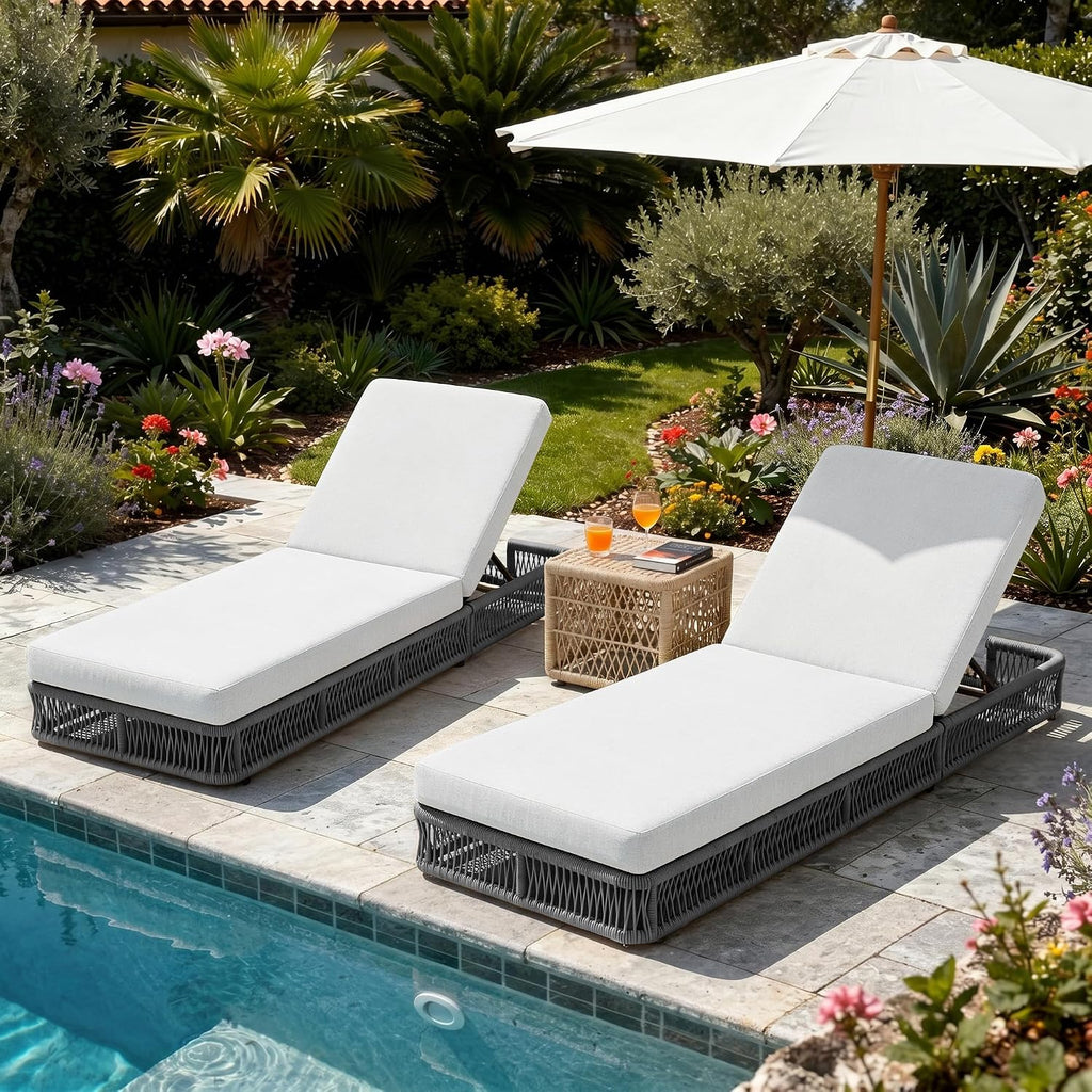 Outdoor Chaise Lounge Chair, Adjustable Backrest Patio Recliner, Woven Wicker Rope Reclining Pool Lounge Chair