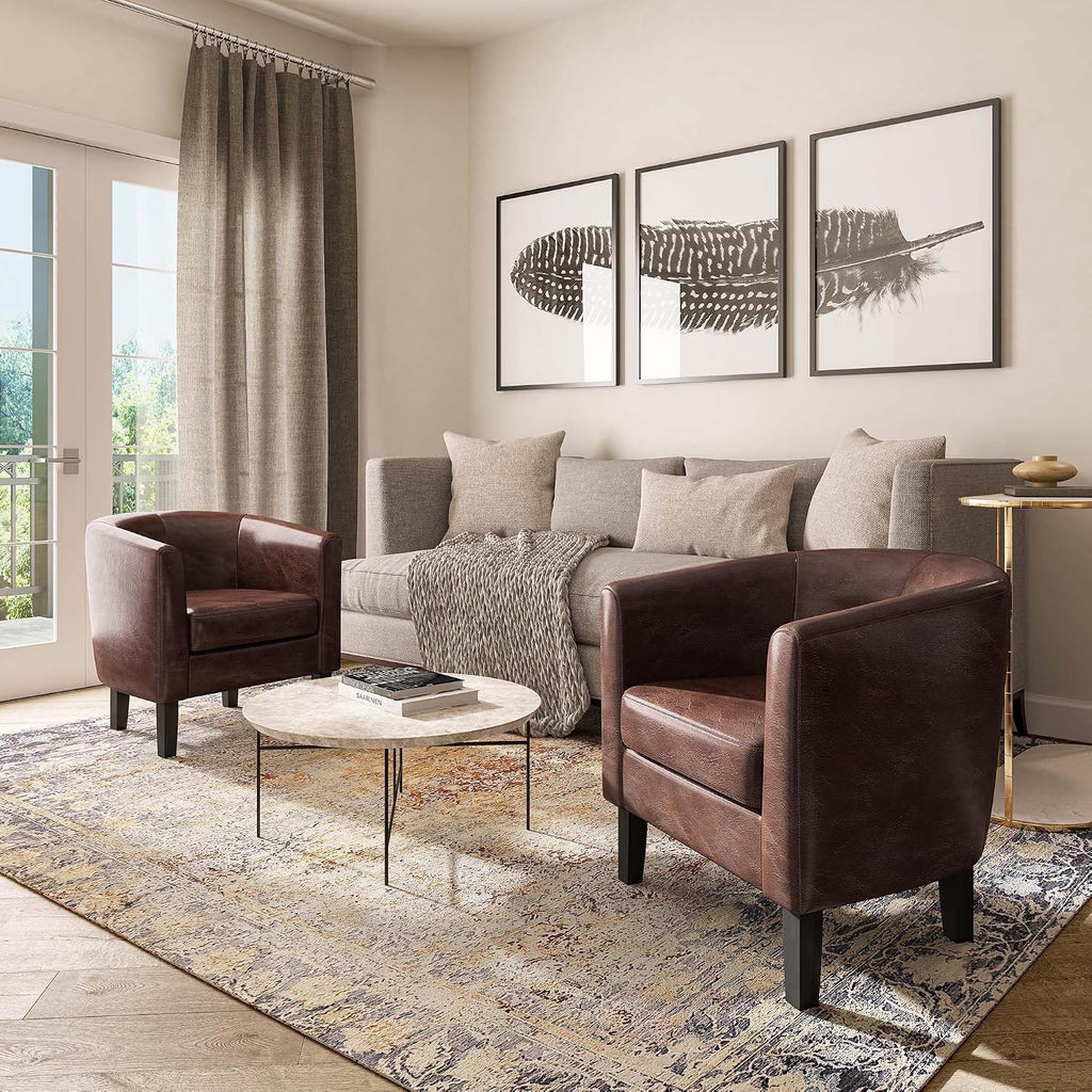 Accent Barrel Chair Faux Leather Round Club Tub Sofa Corner Chair with Flared Legs and Cozy Soft Padding - Set of 2