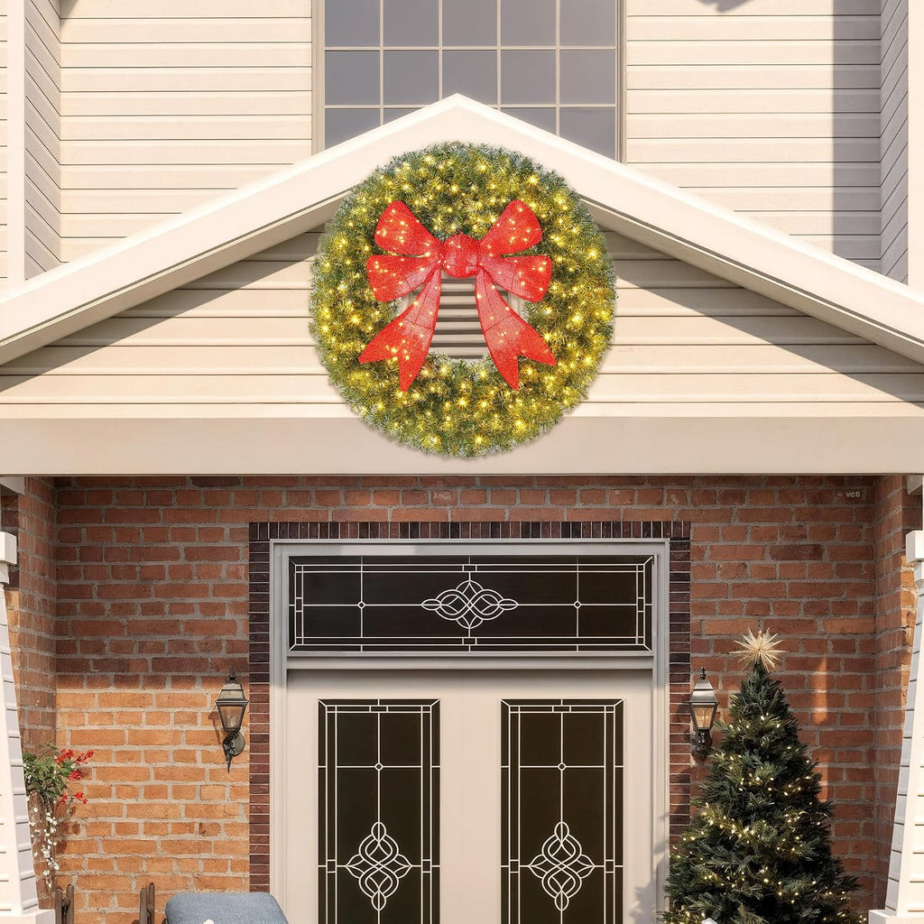 48in Flocked Pre-Lit Artificial Christmas Wreath with 3D Red Bow