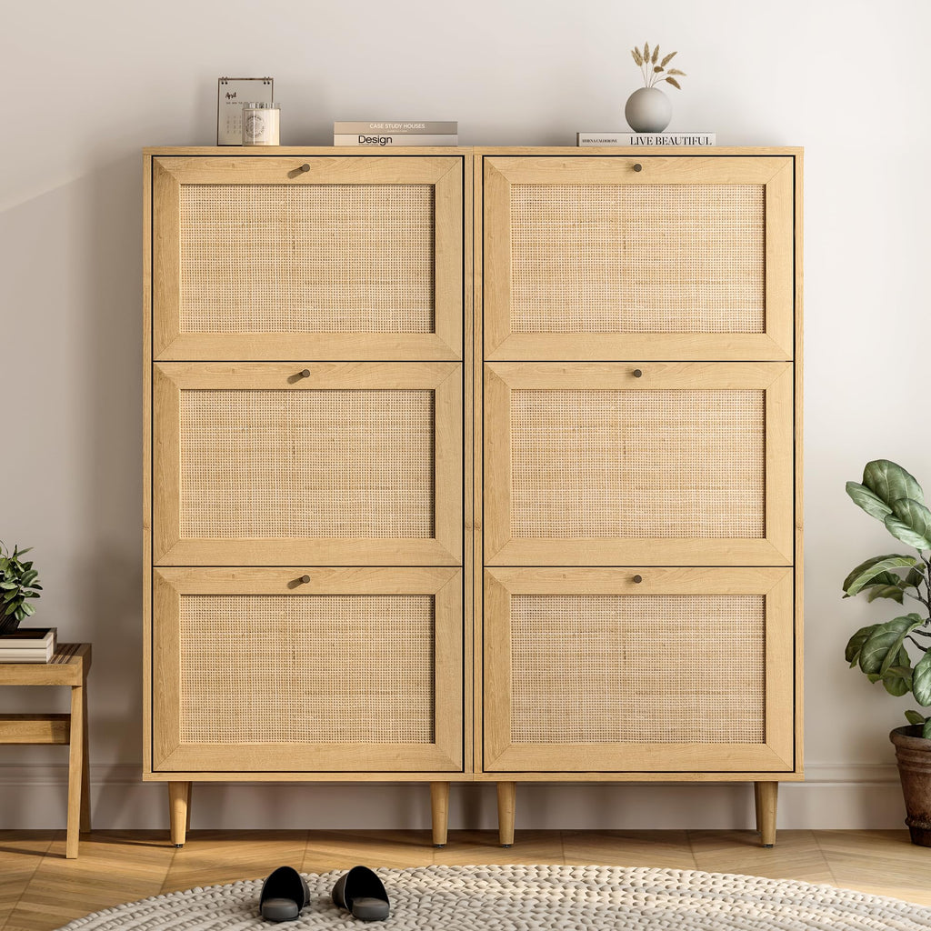 Rattan Shoe Cabinet Set of 2 Narrow Shoe Storage Cabinet with 6 Flip Drawers Hidden Freestanding Shoe Rack Organizer