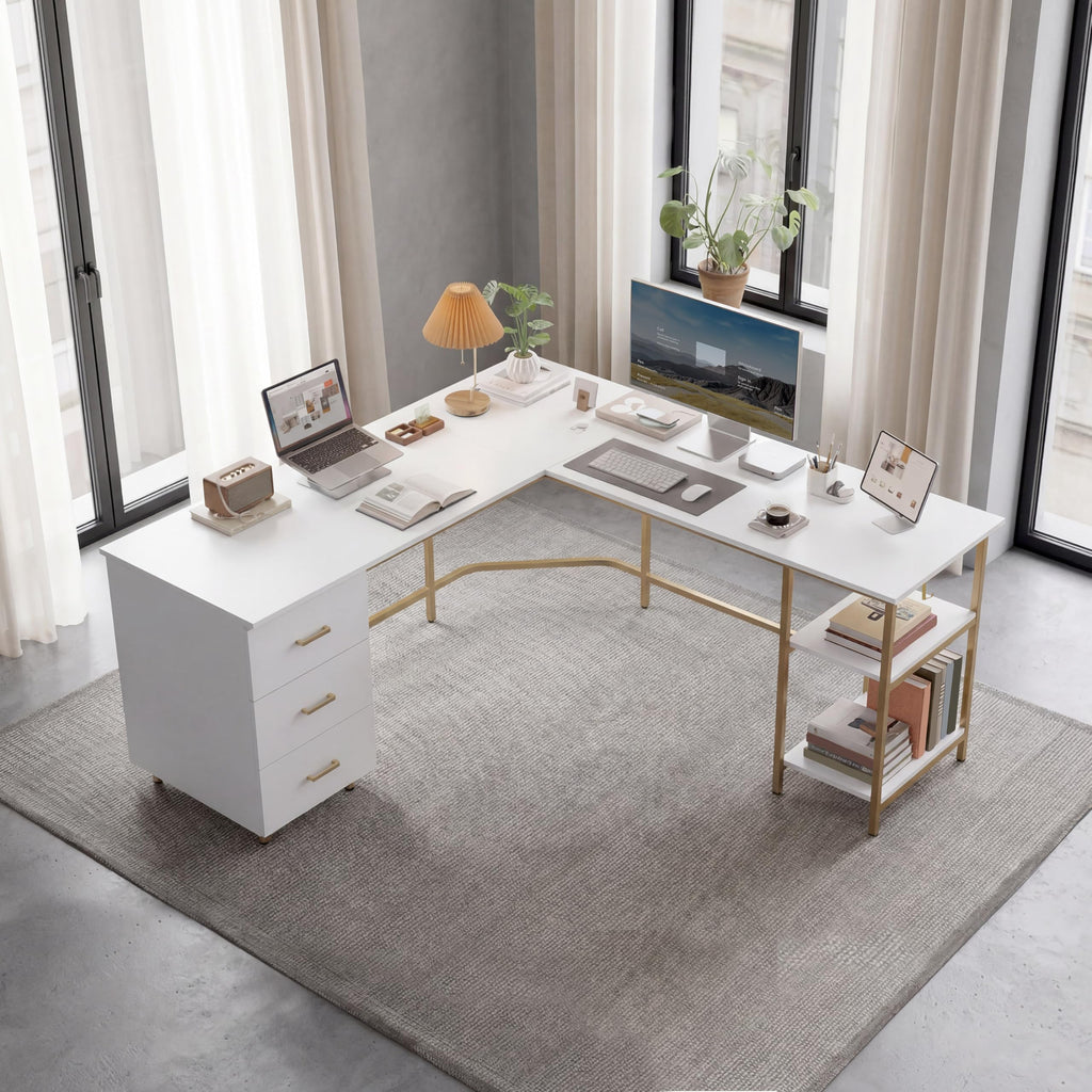 59" Two-Tone L‐Shaped Office Desk with Storage Shelves, Gold
