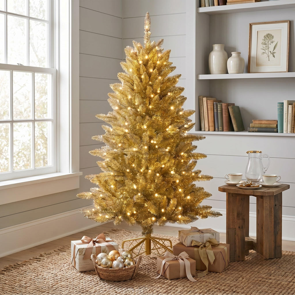 5 Ft Prelit Gold Tinsel Christmas Tree, White LED Lights