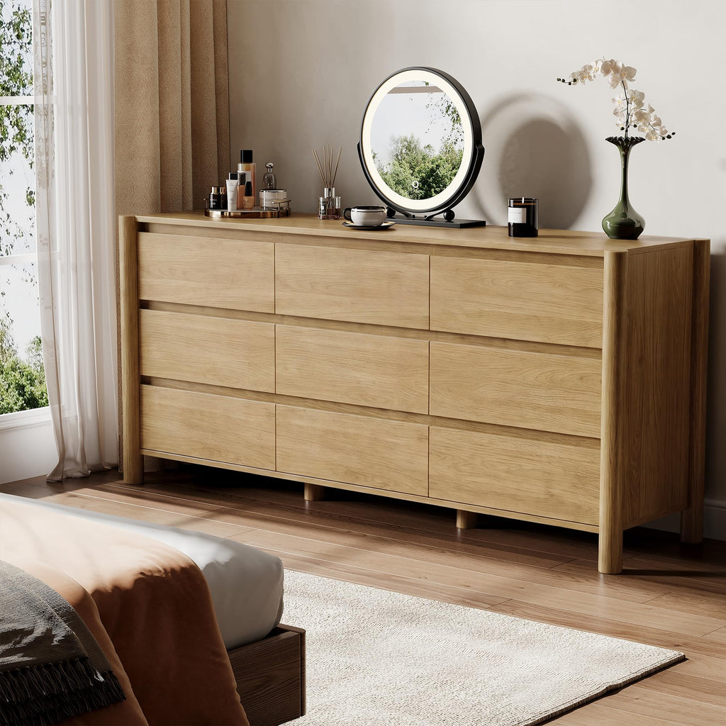 Oak Dresser, 63" Wide 9 Drawer Mid Century Modern Chest