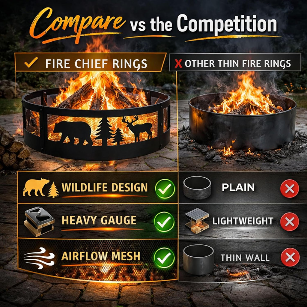 Fire Chief 36 Inch Fire Pit Ring – Heavy Duty Wood Burning Fire Ring Insert with Decorative Wildlife Design – Outdoor Steel Campfire Bonfire Pit - Image 5