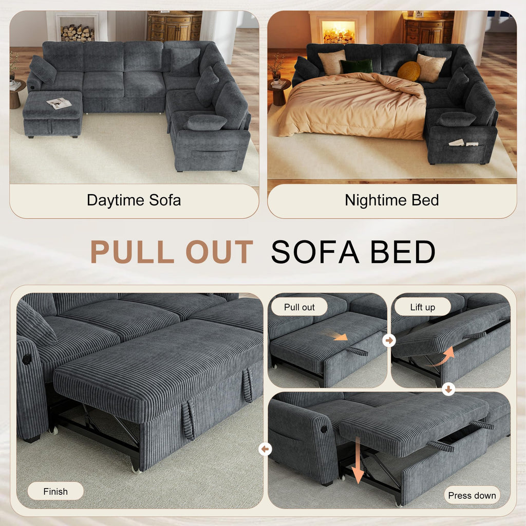 106" Sectional Sofa with Pull Out Couch Bed, 6 Seater Corduroy Sleeper Sofa with Storage Ottoman & USB Charging, Comfy