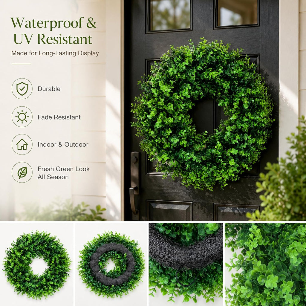 24 Inch Boxwood Wreath for Front Door, Artificial Greenery Wreath, Large Faux Boxwood Door Wreath, Waterproof UV