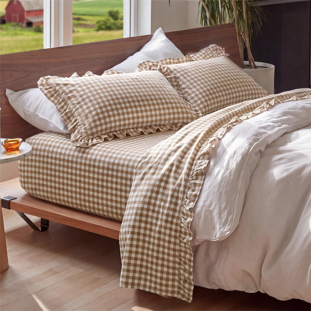 Gingham Sheets, 4 Piece Brown Ruffle Farmhouse Bedsheet